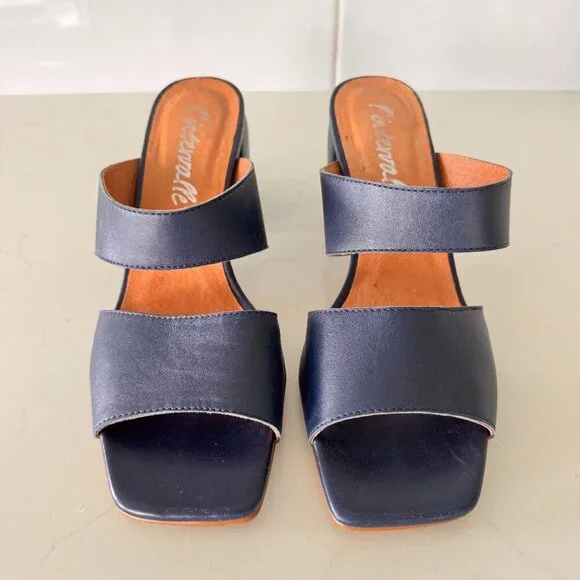 L'Intervalle Julia Navy Leather Block Heel Dress Sandal - Picture 2 of 7